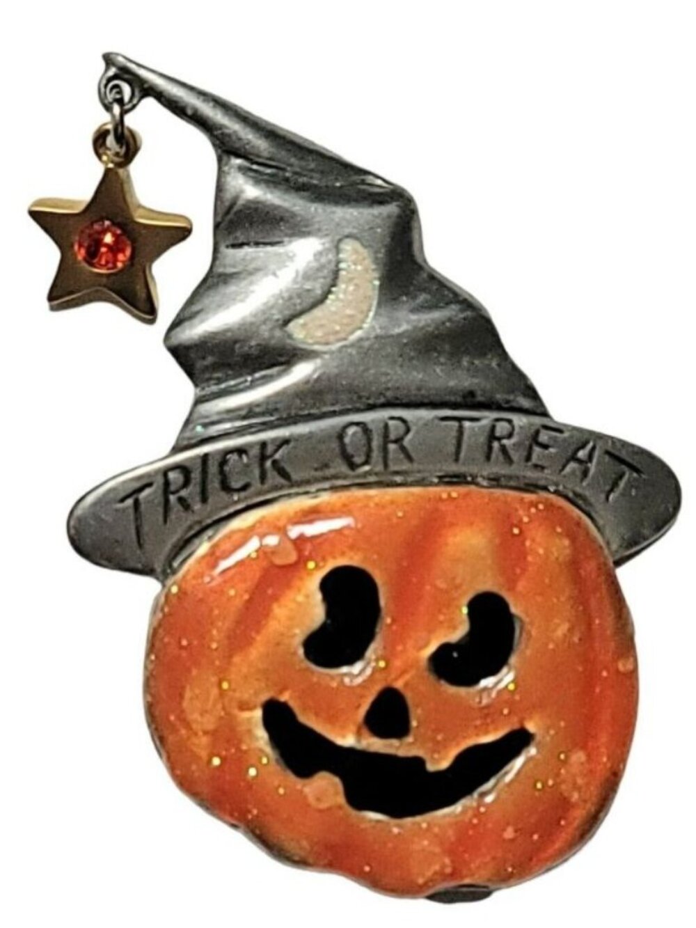 AJMC Pumpkin Halloween Trick or Treat with Crescent Moon Vintage Brooch, Signed
